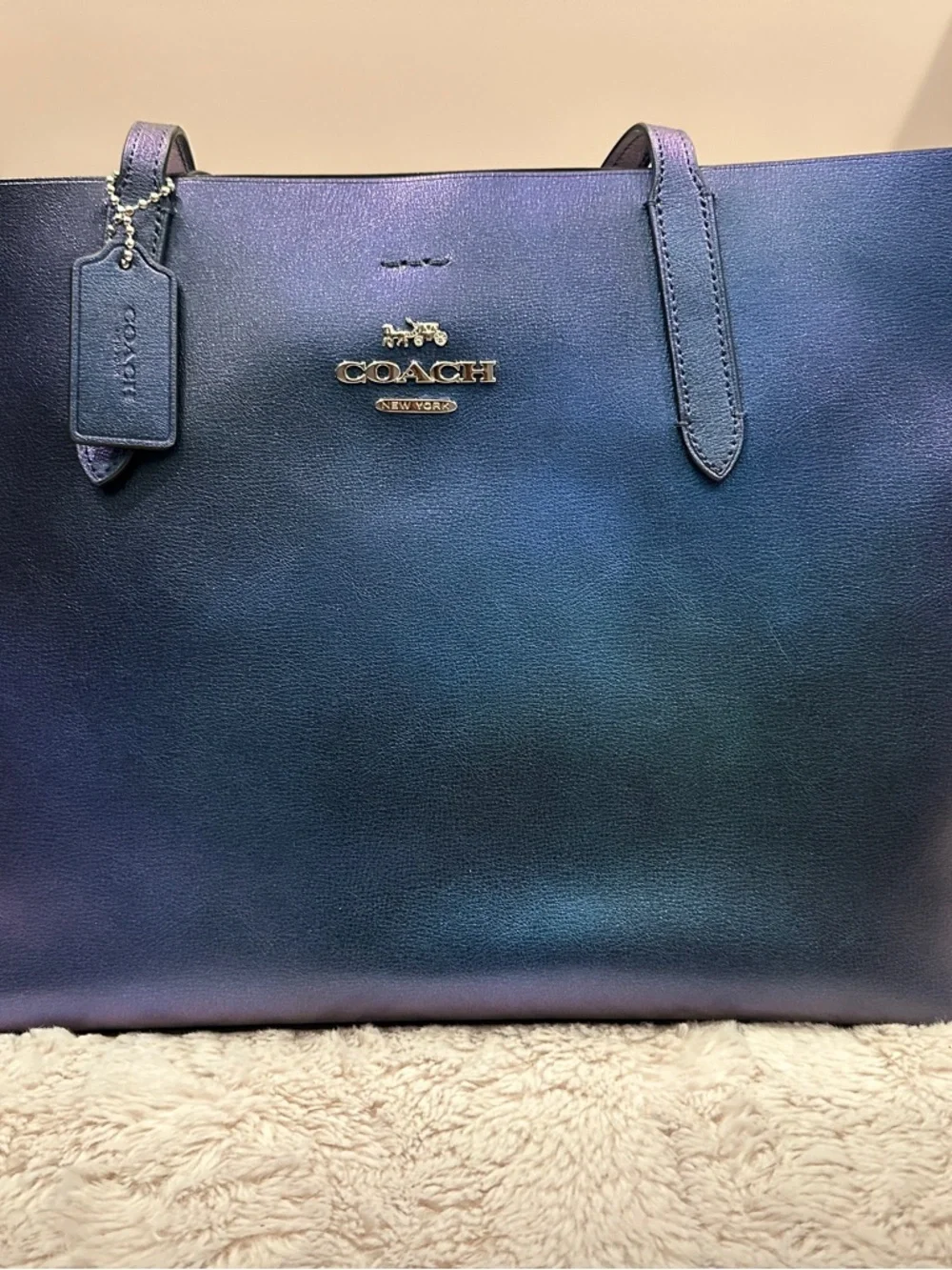 Coach Shimmery Holographic Peacock Blue Tote, Like New - Picture 2 of 8